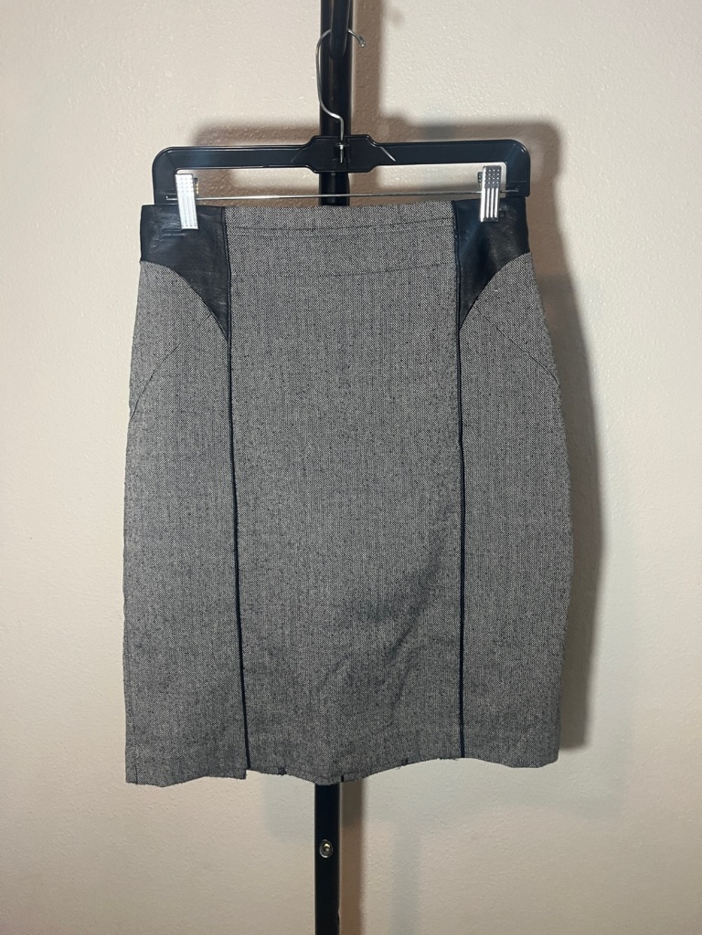 Gray Pencil Skirt with Black Faux Leather Trim